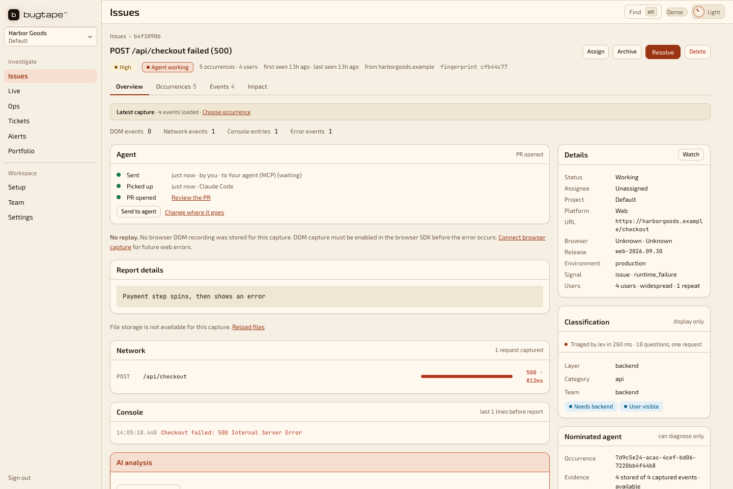 BugTape issue whose Agent card shows it was sent to the agent, picked up by an agent token, and has a pull request to review