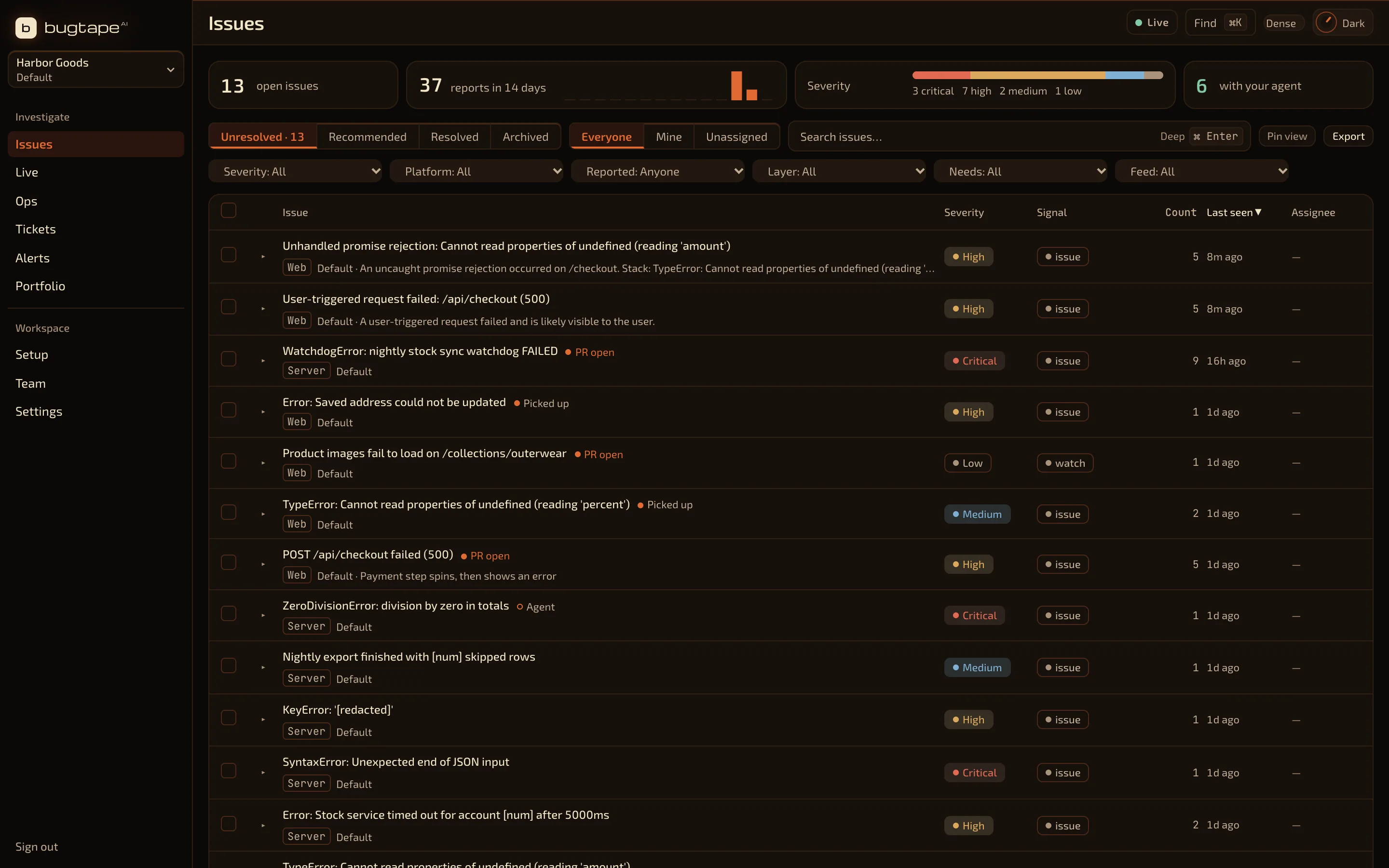 BugTape issue inbox with grouped checkout failures, severity and report counts
