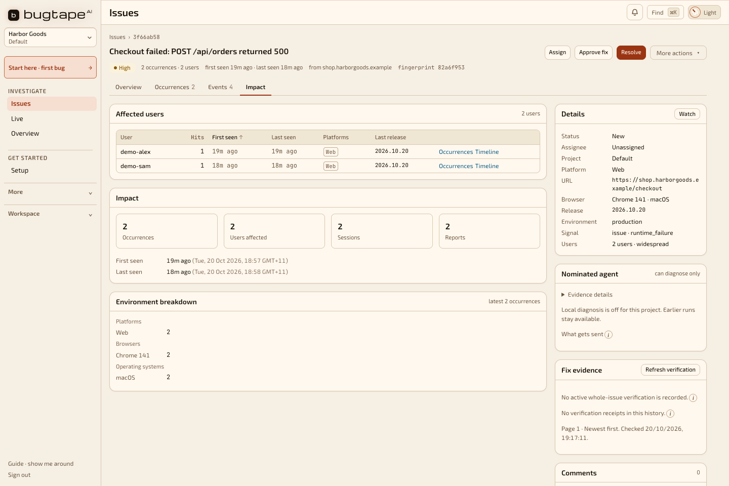 BugTape impact view with synthetic affected-user data