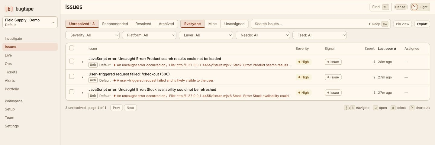 BugTape issues inbox showing grouped reports, status, severity and affected users