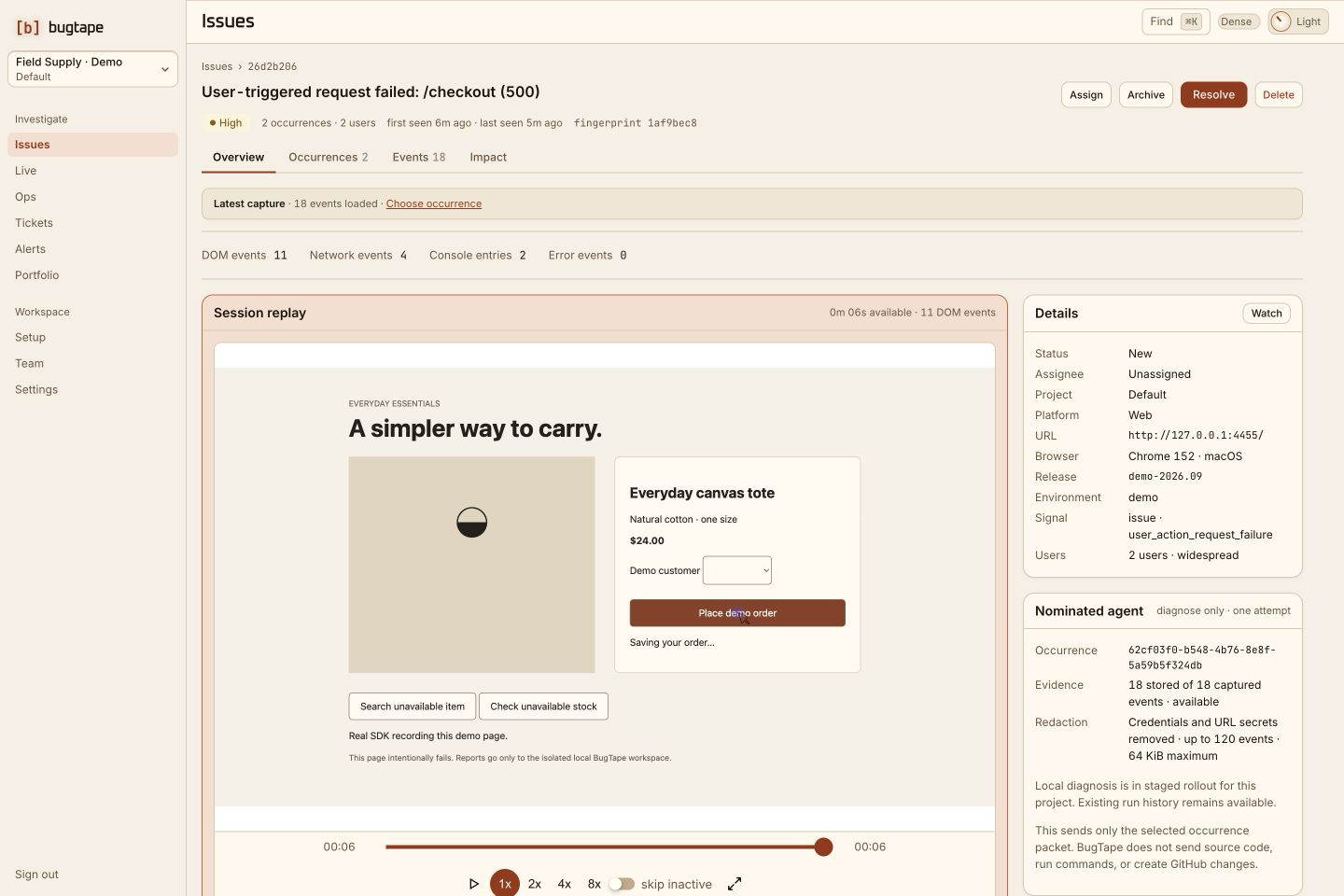 BugTape issue detail with synthetic browser evidence