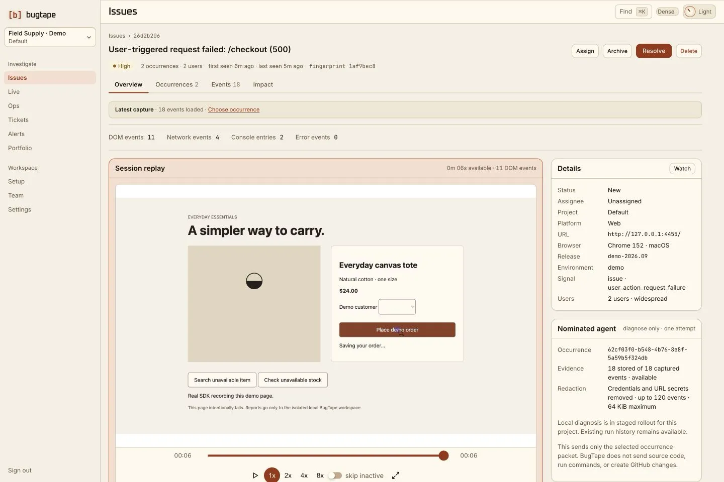 A BugTape issue: the failed checkout request, two affected users, and the recorded replay, network, console and error events
