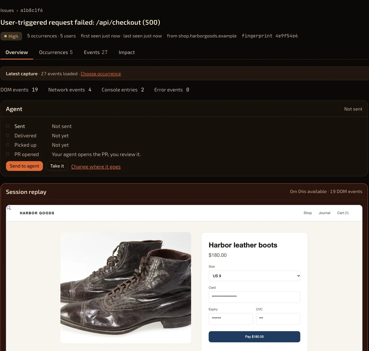 BugTape issue showing the failed checkout request, event counts, agent handoff and session replay